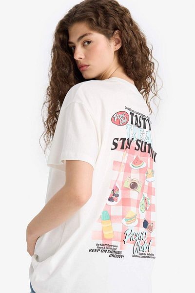 DeFacto Tricou oversize cu mânecă scurtă cu imprimeu pe spate cu decolteu lat F6394AX25SM