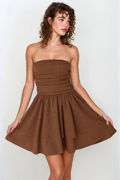 OLSAMODA Women's Textured Fabric Skirt Double Layer Drape Detail Strapless Dress