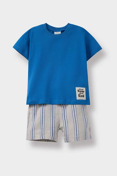 DeFacto 2-teiliges Set für Babys, Jungen, kurzärmeliges T-Shirt, gestreifte Shorts mit elastischem Bund E9033A525SM