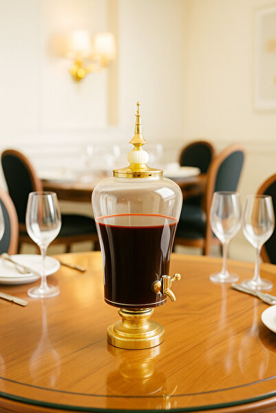 Living موزع مشروبات زجاجي للمياه والعصير والشاي المثلج بلون العسل الشفاف