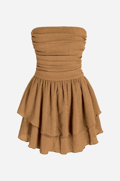 OLSAMODA Women's Textured Fabric Skirt Double Layer Drape Detail Strapless Dress