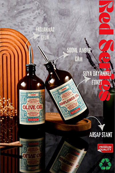 TheBRo 500ML Ahşap Stantlı Amber Red Serisi Zeytinyağı Şişesi ve Ayçiçek Yağı...