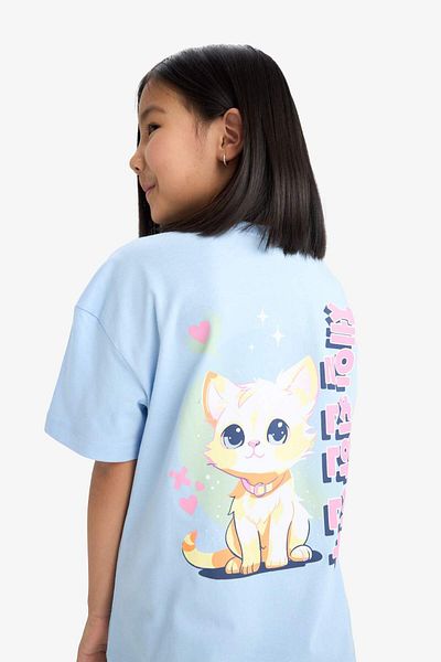 DeFacto Girl's Oversize Wide Fit Crew Neck Back Printed Short Sleeve T-Shirt E0367A825Sm
