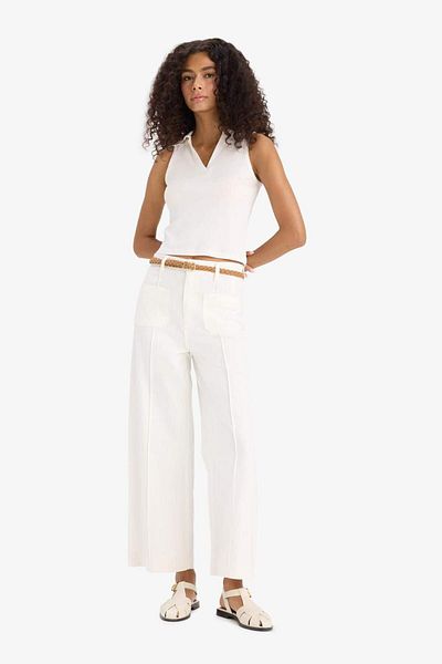 DeFacto Regular Fit Pocket High Waist Belted Gabardine Trousers F5933Ax25Sm