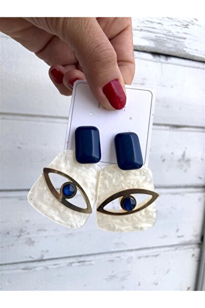 Gözde Tasarım Butik Women's Dark Blue White Rectangular Cut Imported Eye Pendant with Pearl