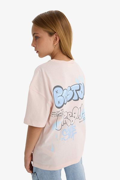 DeFacto Girl's Oversize Wide Fit Crew Neck Back Printed Short Sleeve T-Shirt E0357A825Sm