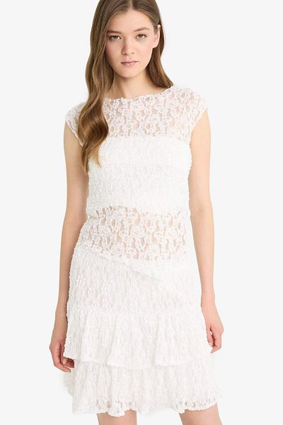 DeFacto Coool Fitted Round Neck Lace Short Sleeve Blouse F5197Ax25Hs