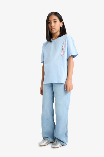 DeFacto Girl's Oversize Wide Fit Crew Neck Back Printed Short Sleeve T-Shirt E0367A825Sm