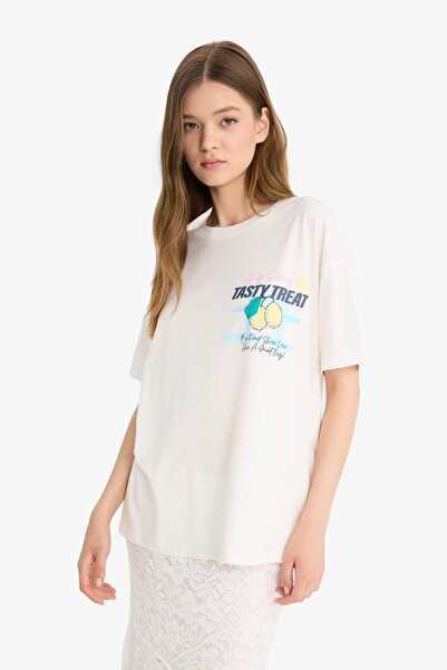 DeFacto Coool Oversize Wide Fit Crew Neck Bedrucktes Kurzarm-T-Shirt in Weiß F2786AX25SM