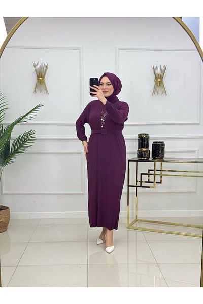 VALENS BOUTİQUE Women's Hijab Dress Pleated Dress with Belt