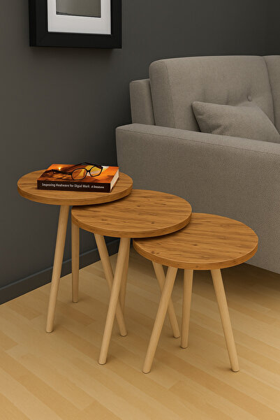 PEKA Zigon Sehpa Doğal Ahşap Ayaklı 3’lü Set Yuvarlak