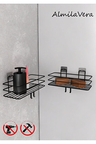 KapKacakAl Siyah Güçlü Yapışkanlı Kancalı Banyo Rafı 2 Adet.