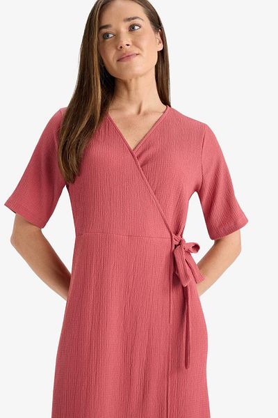 DeFacto Regular Fit V Neck Double Breasted Closure Short Sleeve Midi Summer Dress F3913Ax25Hs