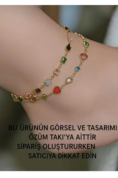 ÖZÜM TAKI Women's Steel 2-Piece Colorful Heart Square Stone Anklet Gold