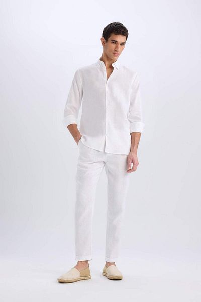 DeFacto 100% Linen Regular Cut Crop Double Leg Summer White Fabric Trousers C1826Ax25Sm
