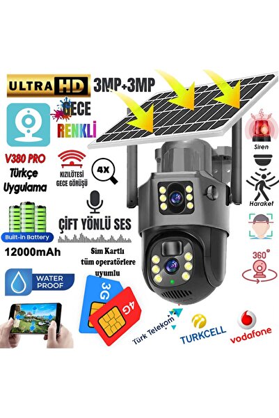 jetucuzal 3+3MP MPIA-MKA 4K 4G Sim Kartlı Güneş Panel Dual Lens Solar 12000mAH Alarmlı Mikrofon 360PTZ KAMERA