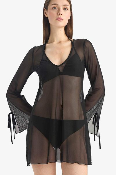 DeFacto V-Neck Lace-Up Tulle Beach Dress-Fall in Love E1039Ax25Sp