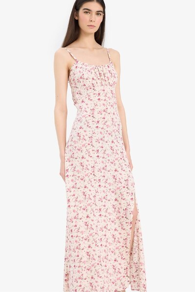 DeFacto Καλοκαιρινό φόρεμα μίντι με στρογγυλή λαιμόκοψη με λουλουδάτο τσαλακωμένο λουράκι βισκόζης F6503ax25sm