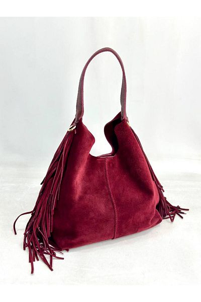My Easy Shop Geanta de dama din piele intoarsa autentica - PIELE cu detaliu ciucuri