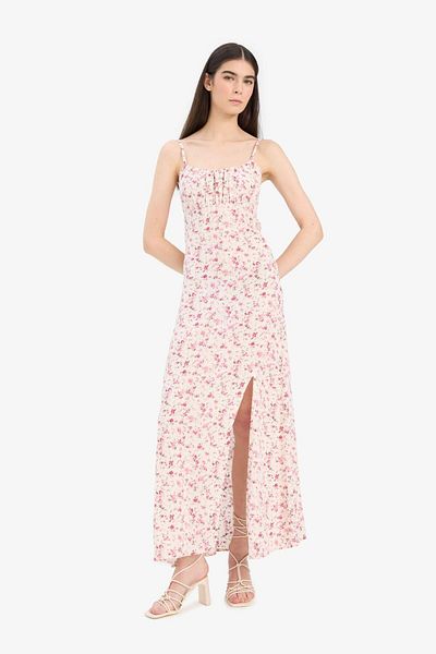 DeFacto Round Neck Floral Crinkle Viscose Strap Slit Midi Summer Dress F6503Ax25Sm