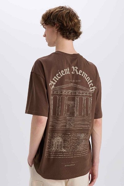 DeFacto 100% Cotton Boxy Fit Crew Neck Back Printed Short Sleeve T-Shirt E4539Ax25Sm