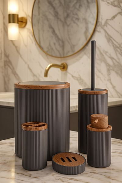 MAKRİ HOME 5 Piece Bathroom Set, Gray Wood Pattern, Trash Can, Brush Holder, Liquid Soap Dispenser, Toothbrush Holder, Soap Dish