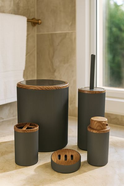 MAKRİ HOME 5 Piece Bathroom Set, Gray Wood Pattern, Trash Can, Brush Holder, Liquid Soap Dispenser, Toothbrush Holder, Soap Dish