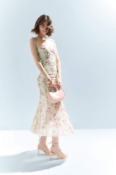 DeFacto Rochie maxi din tul cu imprimeu floral, fără bretele, cu corp mulat, mulat F5577AX25SM