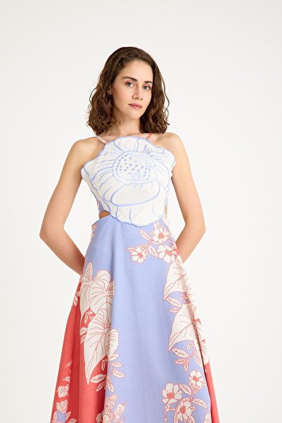 NİLİST Keten Çiçek Bustiyer Detaylı Sırtı Bağlamalı Uzun Turuncu Lila Elbise