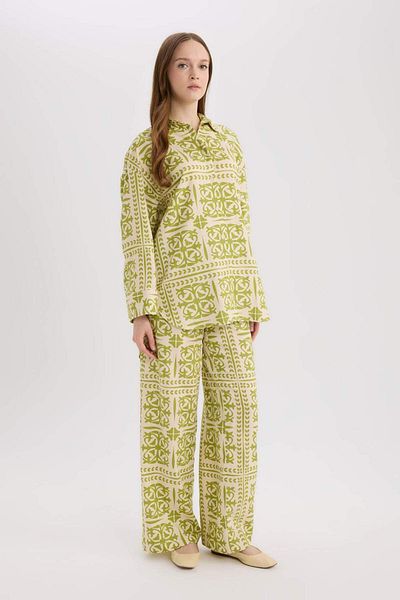 DeFacto Wide Leg Patterned Stretchy Waisted Linen Blended Wide Leg Pants D8188Ax25Sp