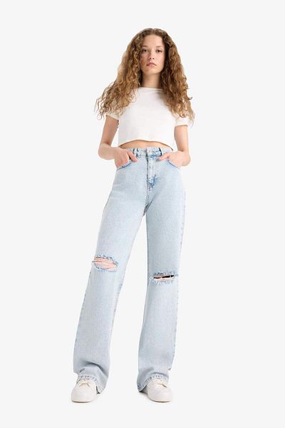 DeFacto Straight Wide Ripped Detailed High Waist Long Jean Washed Trousers E8016Ax25Sm