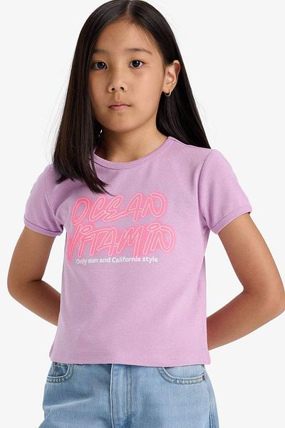 DeFacto Girl's Fitted Crew Neck Printed Ribbed Short Sleeve T-Shirt E1826A825Sm