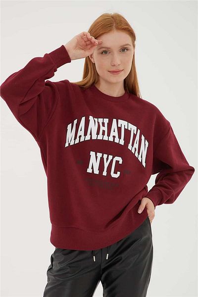 Fashion Friends Sweat imprimat cu gât roșu Claret