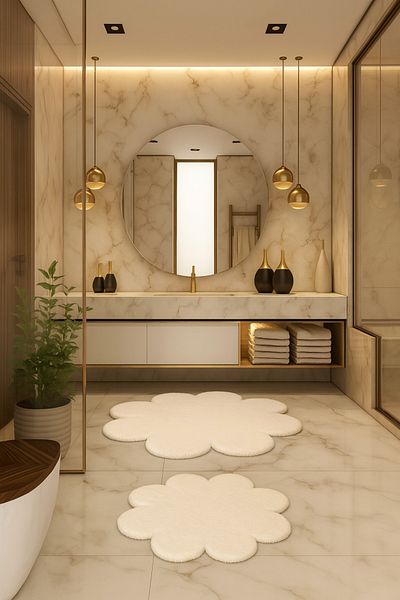 SOFT DECOR Modern Decorative Non-Slip Base Daisy Shaped Bathroom Mat Toilet Seat Set 80X80-60X60 cm
