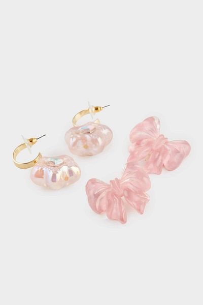 DeFacto Women's 2-Piece Pink Flower Bow Earrings F0717Axns