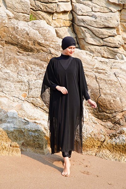 vawensea Kadın Tesettür Mayo Üzerine V Yaka Kaftan Pareo Siyah