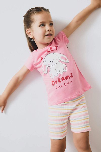 DeFacto Baby Girls Pajama Set Printed Short Sleeve Ribbed Camisole Top with Elastic Waist Striped Shorts E4646A525
