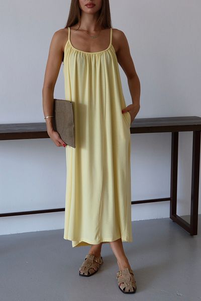 Mogi Butik Women's Collar Gathered Detailed Pocket Strap Combed Cotton Dress 3092