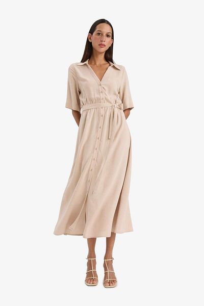 DeFacto Shirt Collar Belted Short Sleeve Midi Summer Dress F1825Ax25Sm