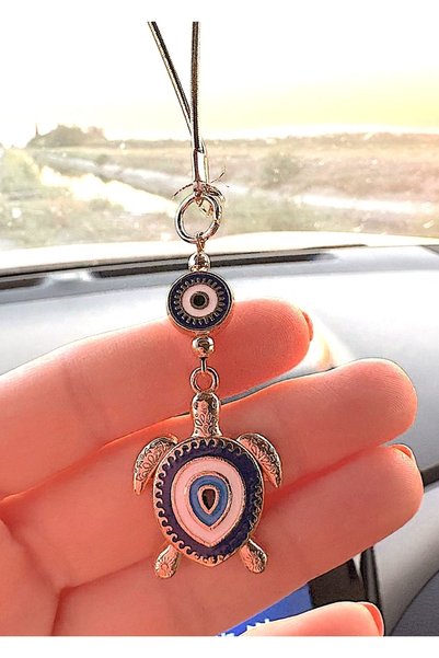 Azrua Gilded Navy Blue Turtle Metal Evil Eye Beaded Car Mirror Ornament Car Charm Evil Eye Protection