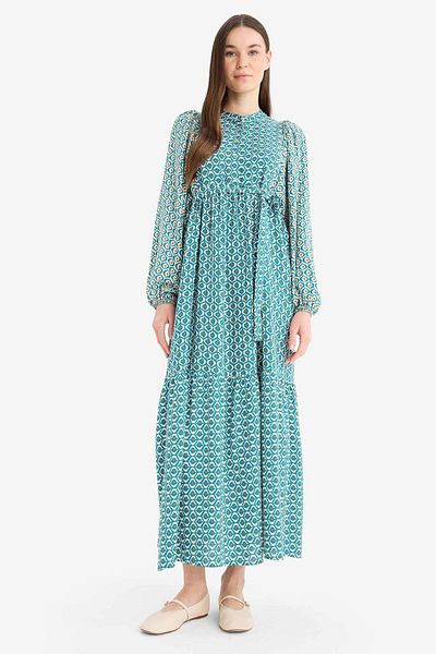 DeFacto Rochie maxi hijab cu mânecă lungă cu model de guler domnă și centură D4375ax25sm