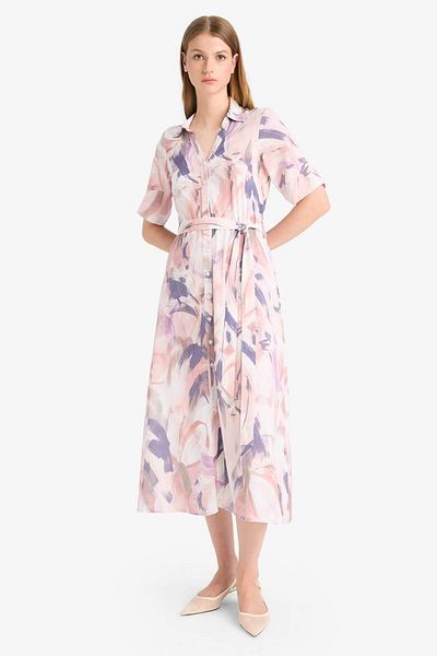 DeFacto Shirt Collar Tie-Dye Pattern Belted Short Sleeve Midi Summer Dress F1827Ax25Sm
