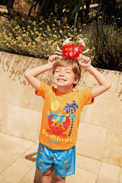 DeFacto 2-teiliges Set für Babys, Jungen, kurzärmeliges T-Shirt mit Krabbenmuster, elastische Taillen-Badeshorts E3521A525SM
