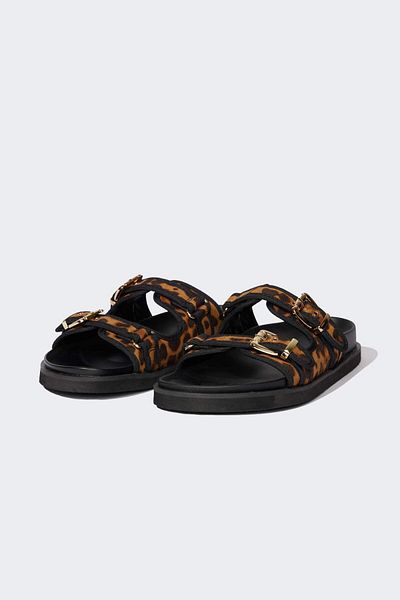 DeFacto Damen-Hausschuhe mit Leopardenmuster und doppeltem Riemen und flacher Sohle D8985AX25SM