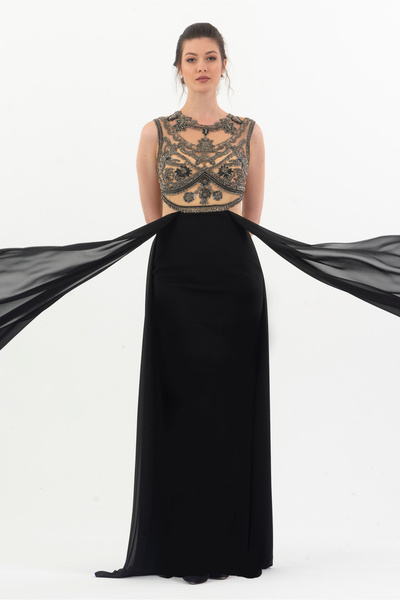Stylize Couture Krep ve Şifon Elişi Aksesuarlı Uzun Abiye Elbise