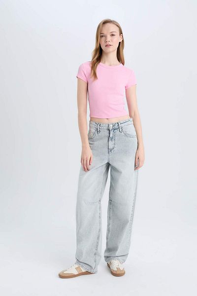 DeFacto Coool Fitted Crew Neck Basic Plain Ribbed Camisole Short Sleeve T-Shirt E0287Ax25Sm