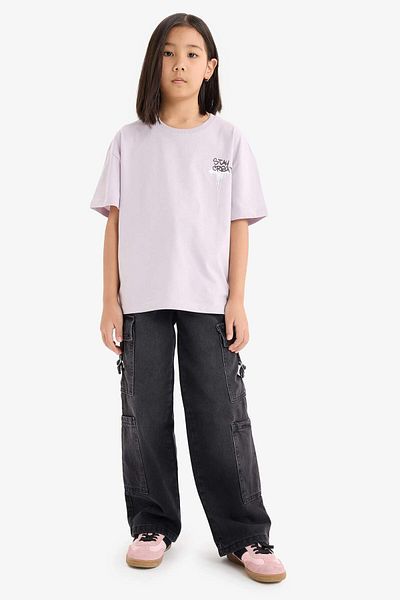DeFacto Girl's Short Crew Neck, Accumulation Pattern and Short Sleeve T-Shirt E0357A825Sm
