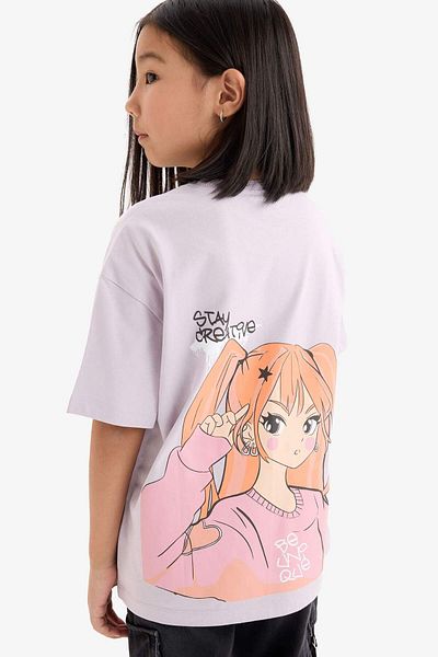 DeFacto Girl's Short Crew Neck, Accumulation Pattern and Short Sleeve T-Shirt E0357A825Sm