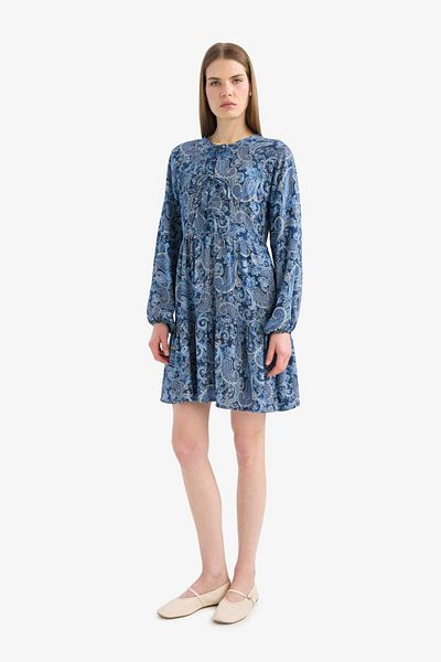 DeFacto Crew Neck Patterned Long Sleeve Mini Dress E6612Ax25Sp