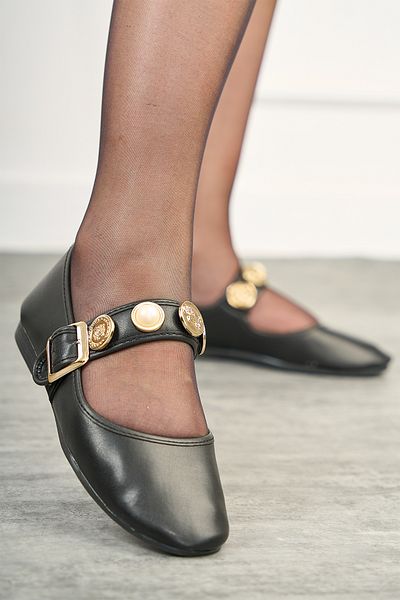 Nstil Daily Black Women's Ballerina Pearl Gold Band Buckle Oval Toe Lightweight Orthopedic Comfortable Business Office Shoes 300